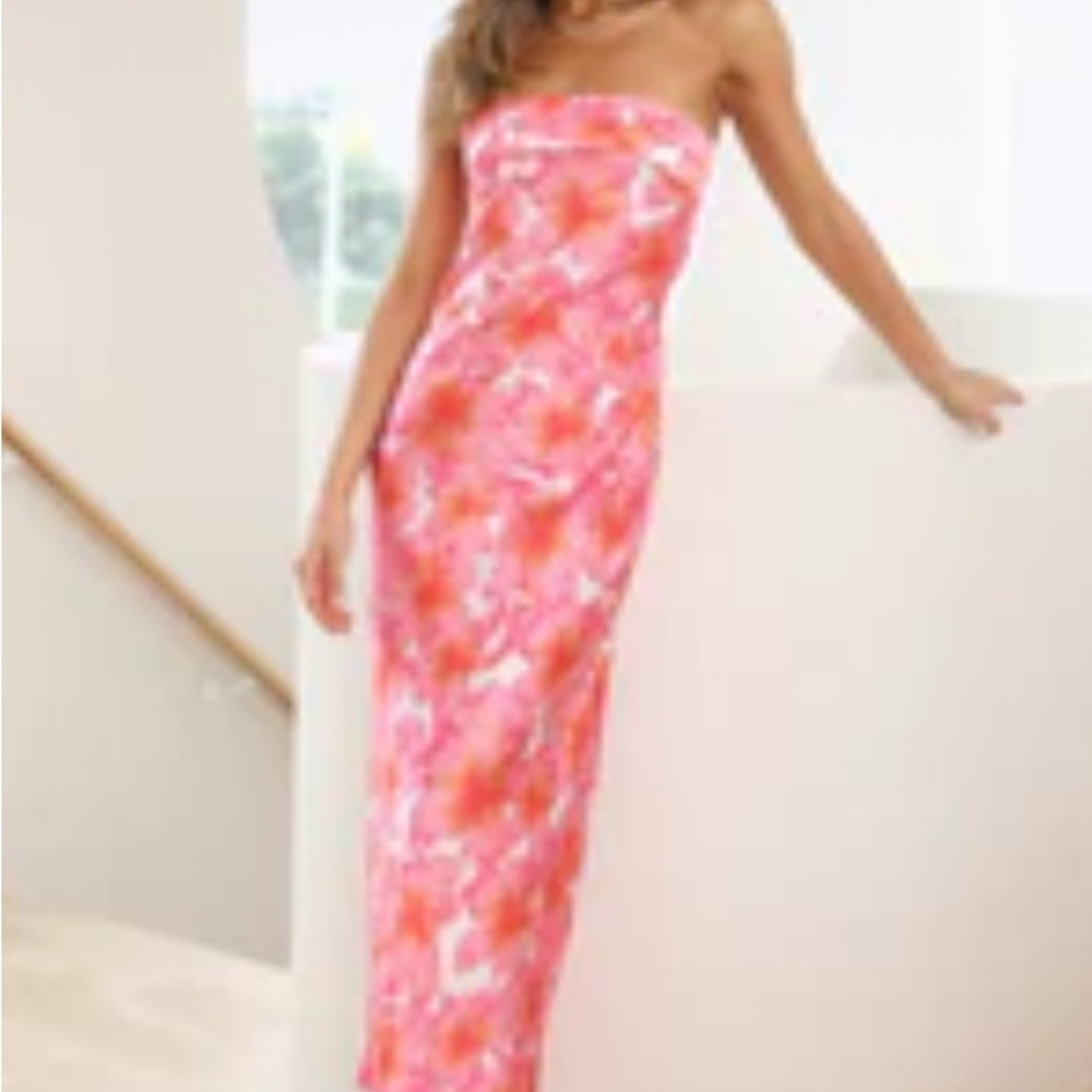 Pink and Orange Maxi Strapless Dress